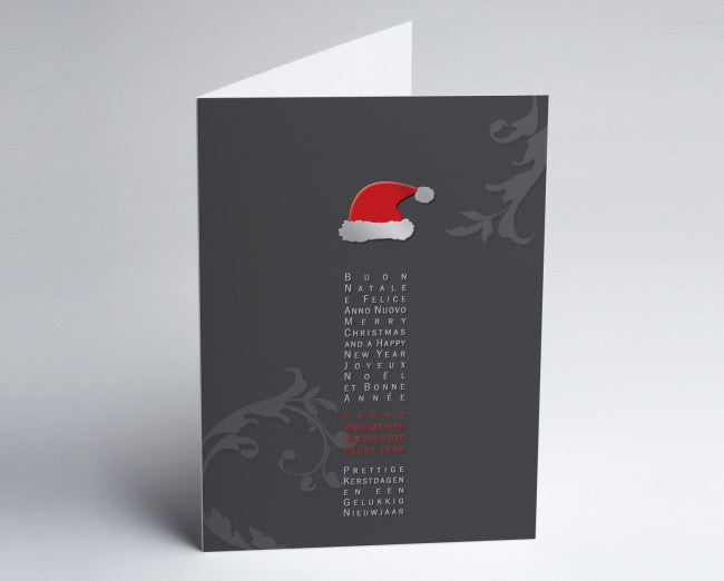 Weihnachtskarte Internationale graue Karte mit Nikolausmütze