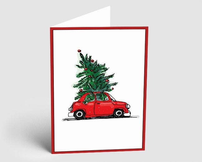 Weihnachtskarte Auto und Weihnachtsbaum