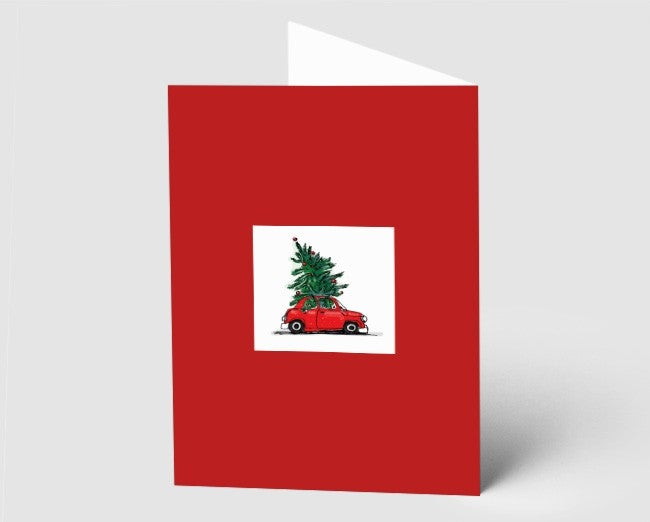Weihnachtskarte Auto und Weihnachtsbaum
