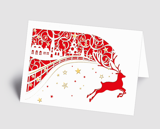 Weihnachtskarte filigranes Dorf mit Hirsch rot