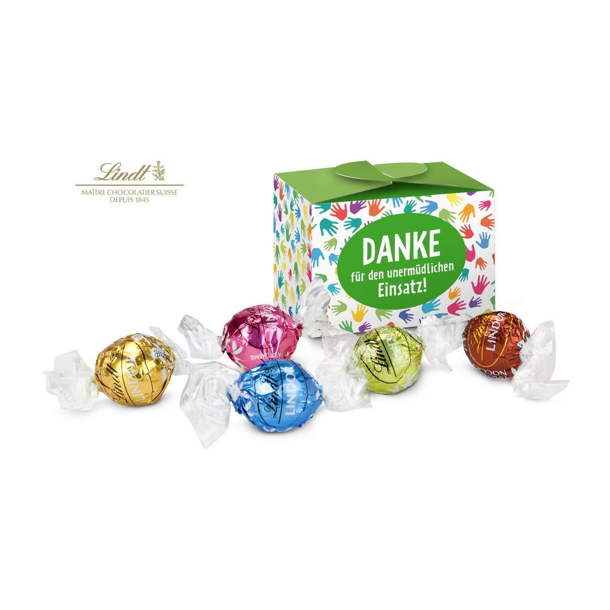 Lindt süßes Danke, Pralinenschachtel mit bunten Händen, 5 Lindorkugeln