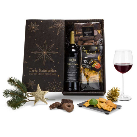 Weihnachtspräsent Kunden – edle Weihnachtsgenuss Box mit Wein & Gebäck