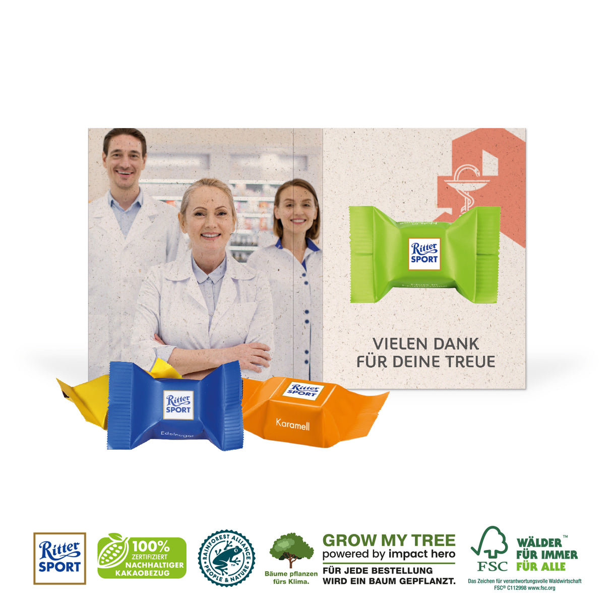 Werbe-Klappkarte mit Ritter Sport Schokowürfel