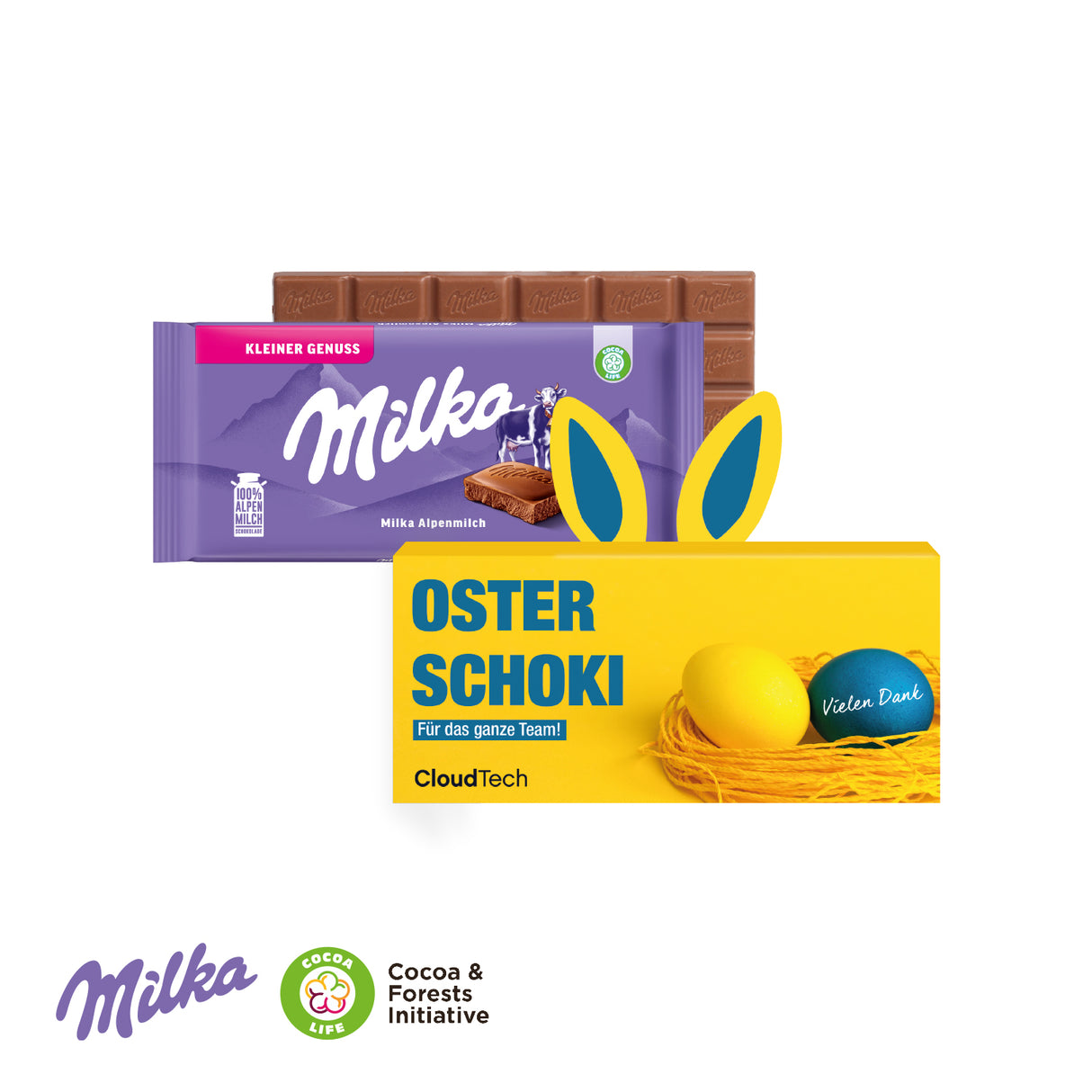 Mitarbeiter Ostergeschenk - Milka Schokoladentafel mit Hasenohren