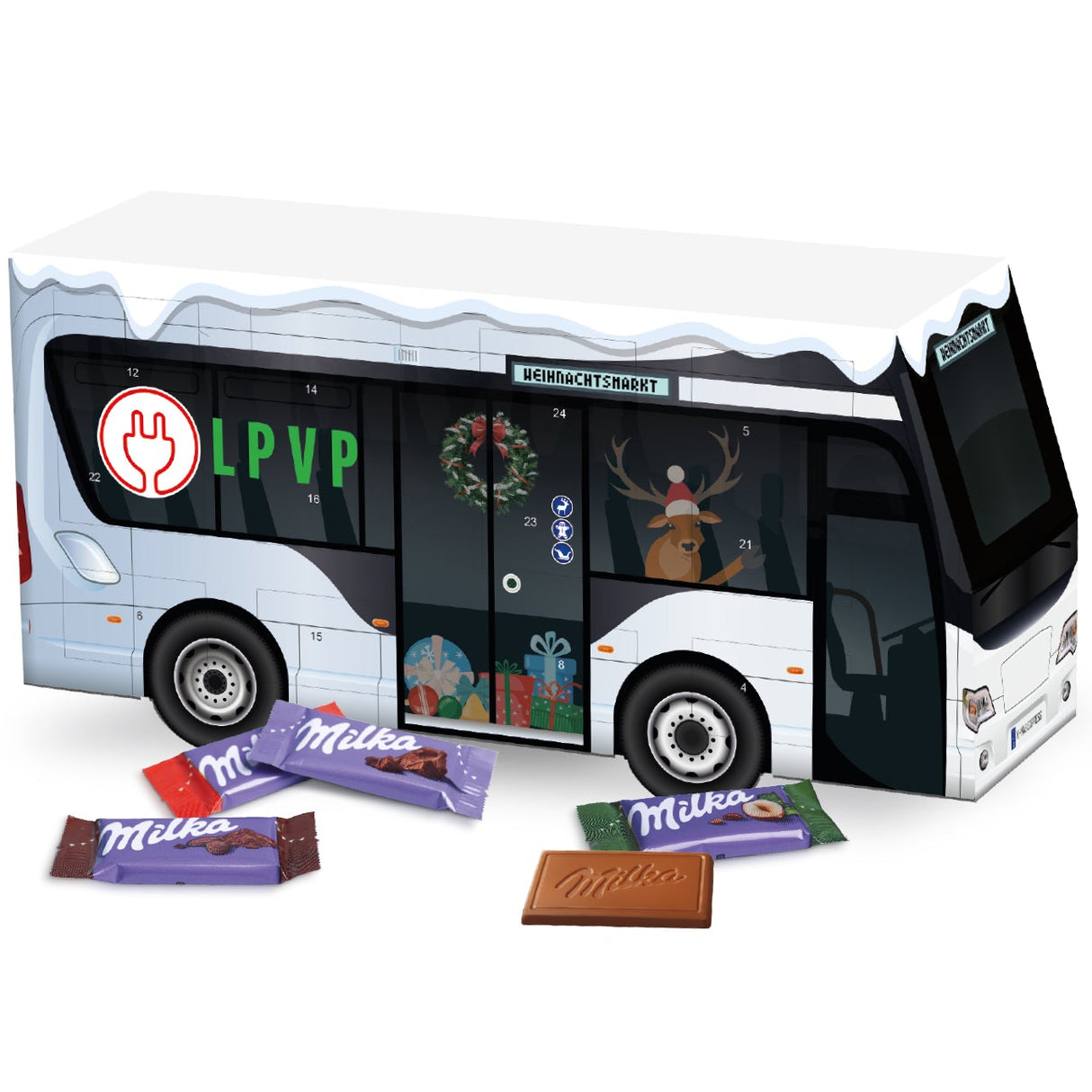 Adventskalender Bus als Werbeartikel mit Logo mit Milka Schokolade