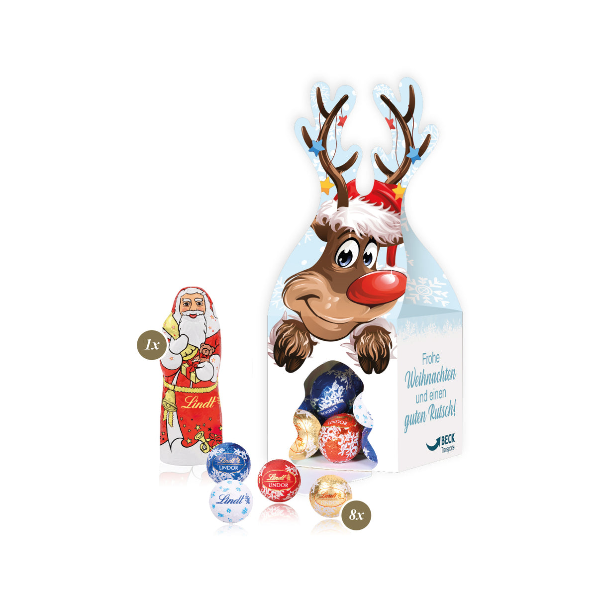 Lindt Werbeartikel: 3D Präsent „Rentier“ mit süßer Füllung - Firmengeschenk Weihnachten