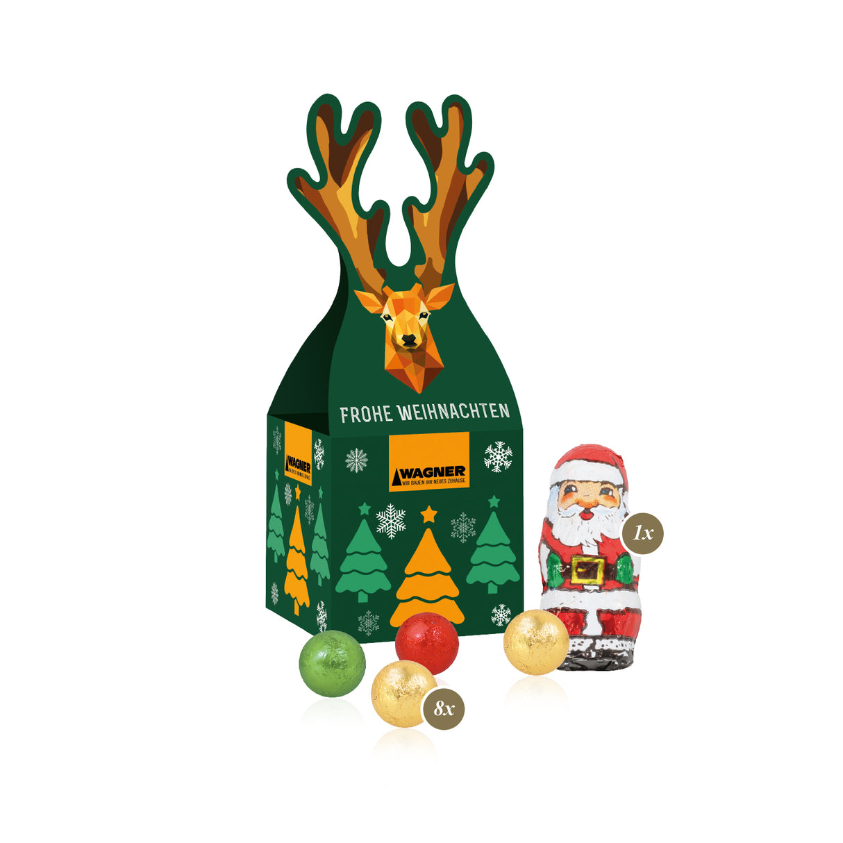 Werbeartikel: 3D Präsent „Rentier“ mit süßer Füllung - Firmengeschenk Weihnachten