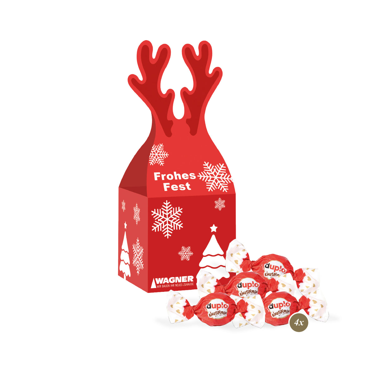 Werbeartikel: 3D Präsent „Rentier“ mit süßer Füllung - Firmengeschenk Weihnachten