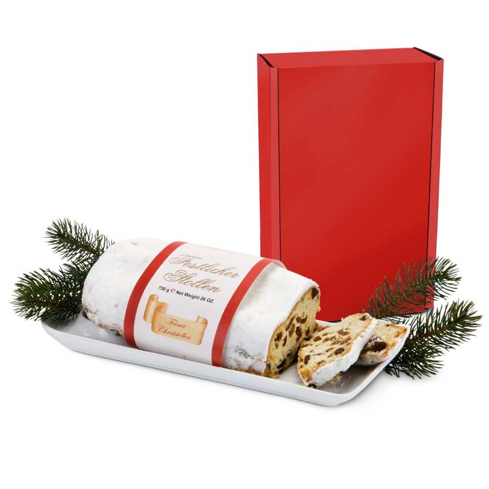 Christstollen im roten Geschenkkarton
