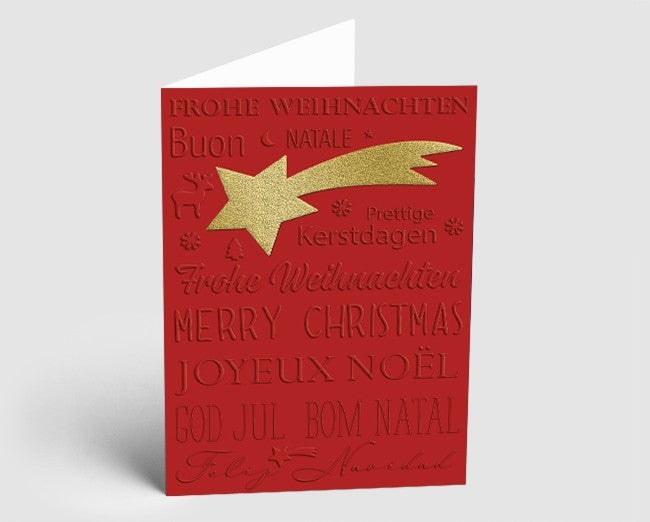 Weihnachtskarte Sternschnuppe und internationaler Text, rot