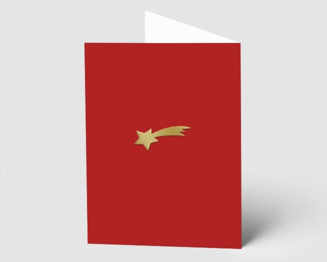 Weihnachtskarte Sternschnuppe und internationaler Text, rot