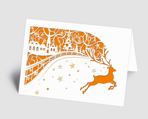 Weihnachtskarte filigranes Dorf mit Hirsch orange