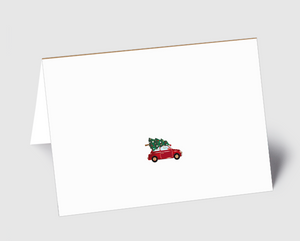 Weihnachtskarte Auto mit Weihnachtsbaum.