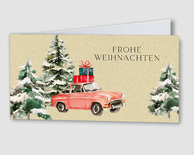 Weihnachtskarte Auto mit Geschenken