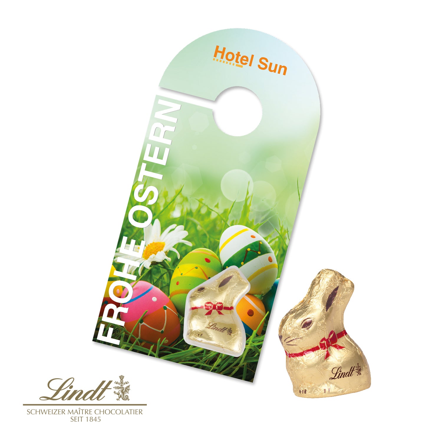 Schokokarte mit Lindt Goldhase Türanhänger
