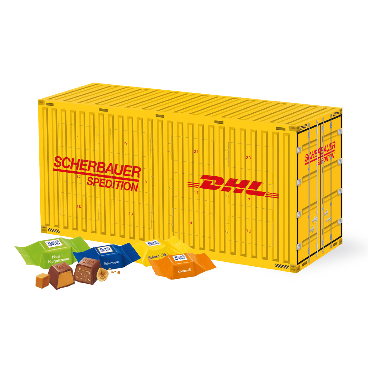3D Adventskalender „Container“ mit unterschiedlicher Schokofüllung