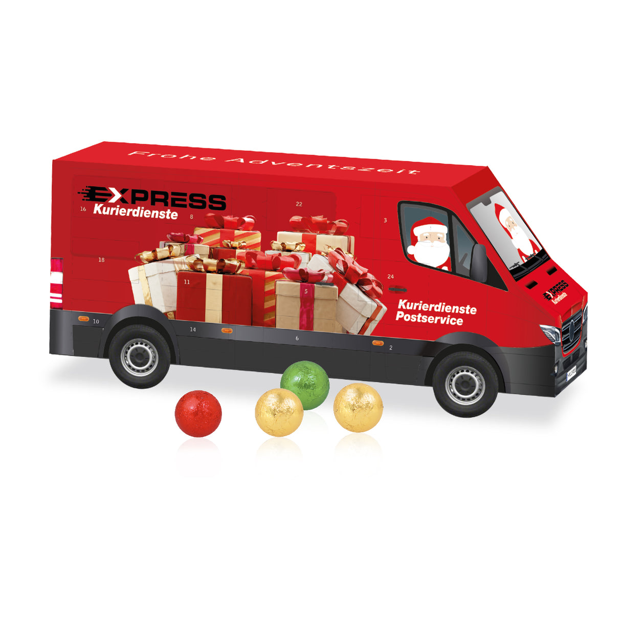 3D Adventskalender „Tansporter“ mit unterschiedlicher Schokofüllung