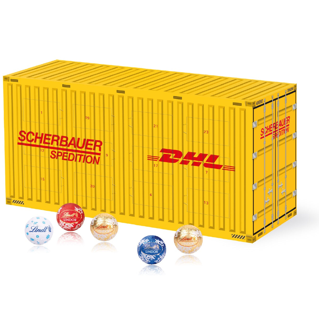 Werbeartikel Adventskalender Container mit Firmen Logo