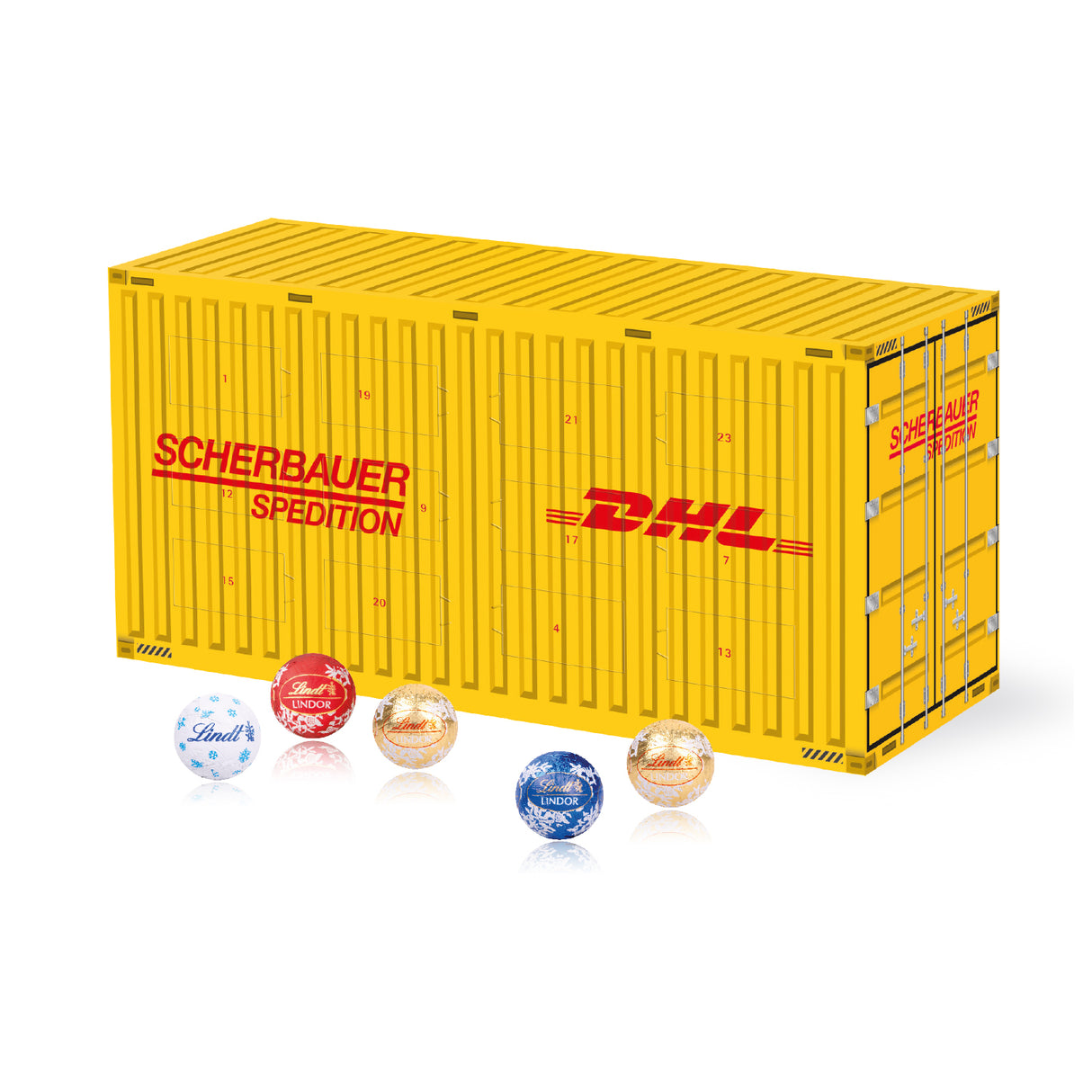 Werbeartikel Adventskalender Container mit Firmen Logo